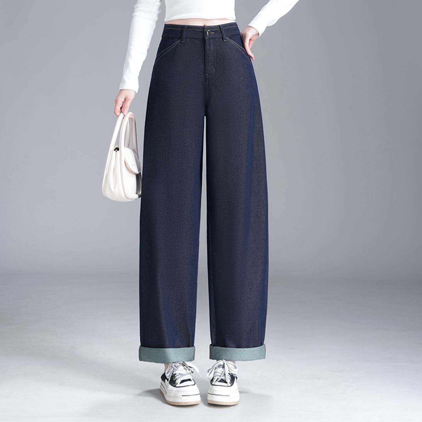 品牌专柜丹宁蓝复古弯刀牛仔裤女春季2026新款高腰宽松显瘦阔腿裤