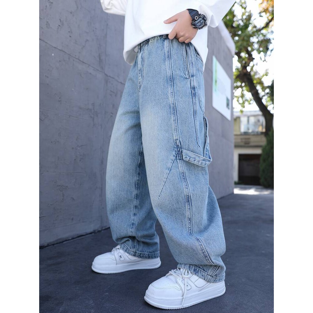 品牌专柜男童2026春款新款牛仔裤中大童宽松阔腿长裤休闲百搭浅蓝