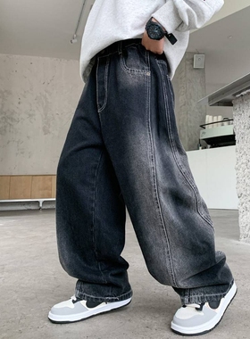 品牌专柜男童牛仔裤直筒春秋款宽松中大童新款复古黑色潮流牛仔阔