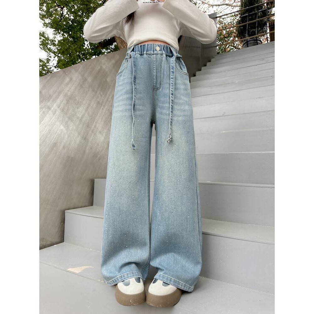 品牌专柜女童春装裤子洋气中大童牛仔裤2026新款女孩阔腿裤宽松女
