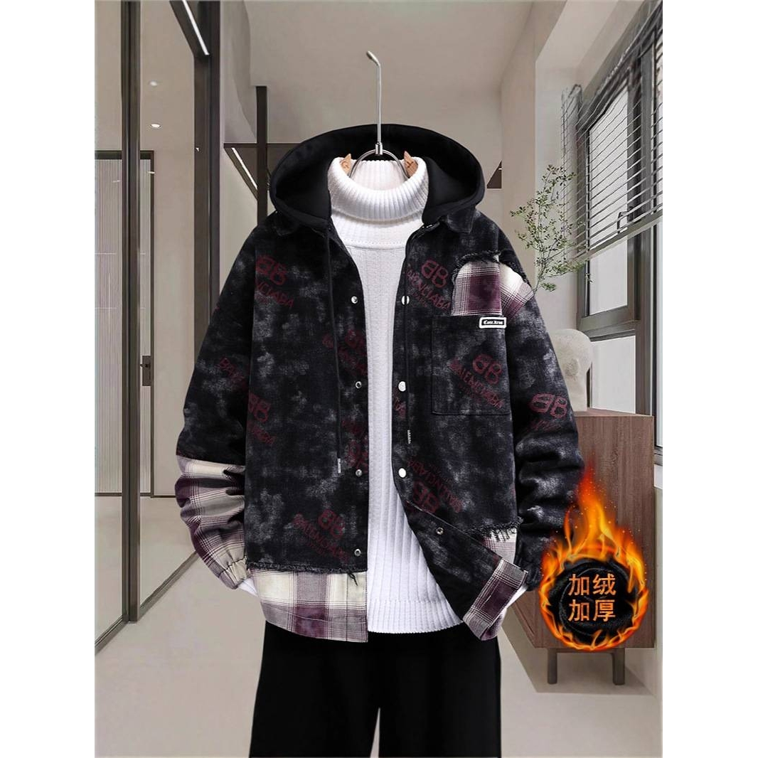品牌专柜男士加绒加厚连帽夹克2025秋冬新款男装青少年时尚休闲假