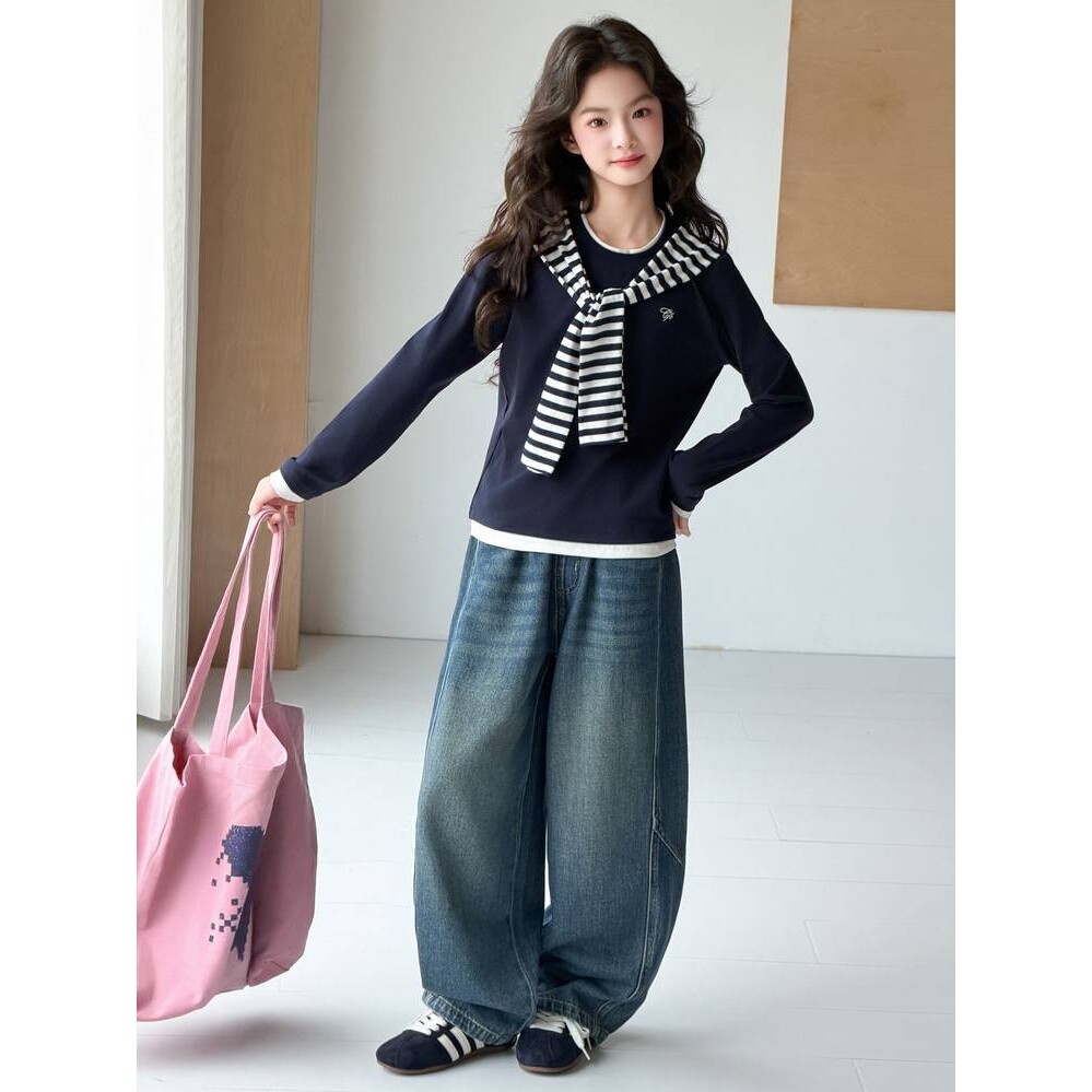 品牌专柜女童披肩套装春秋新款2026新款韩版长袖上衣阔腿牛仔裤休