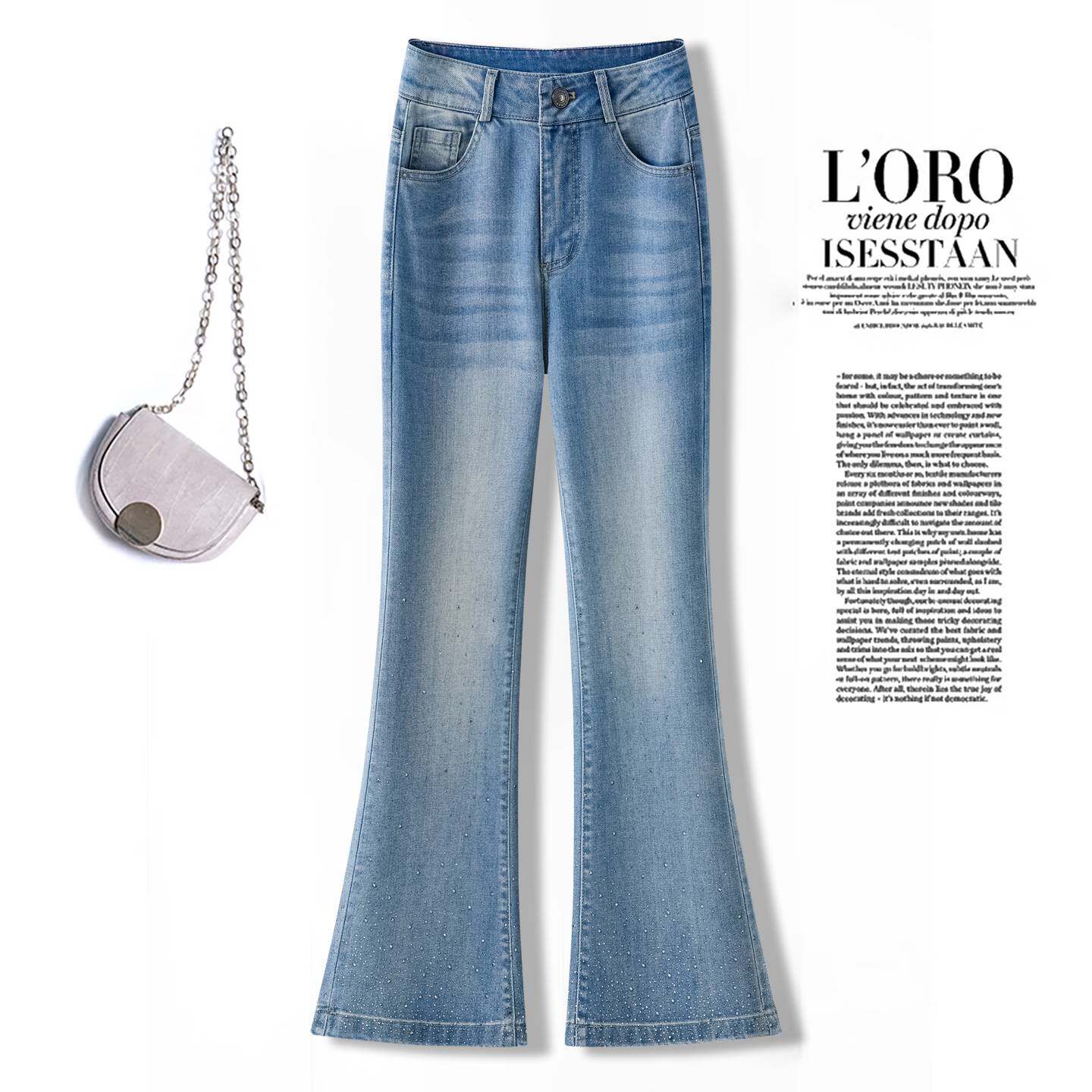 品牌专柜洋气复古蓝色微喇叭牛仔裤子女春季新款好看高腰显瘦烫钻