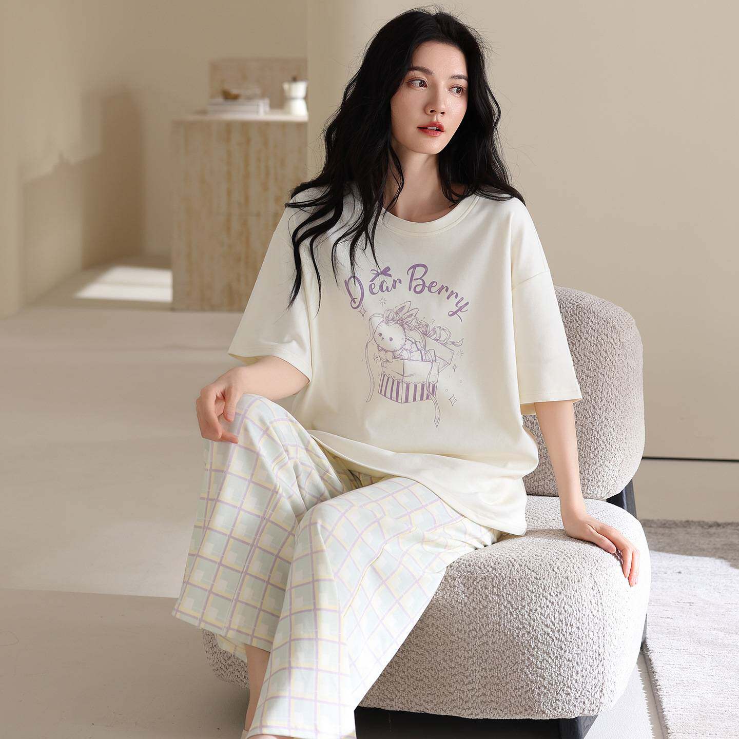 品牌专柜新品夏季纯棉少女士睡衣短袖长裤薄款家居服套装休闲运动