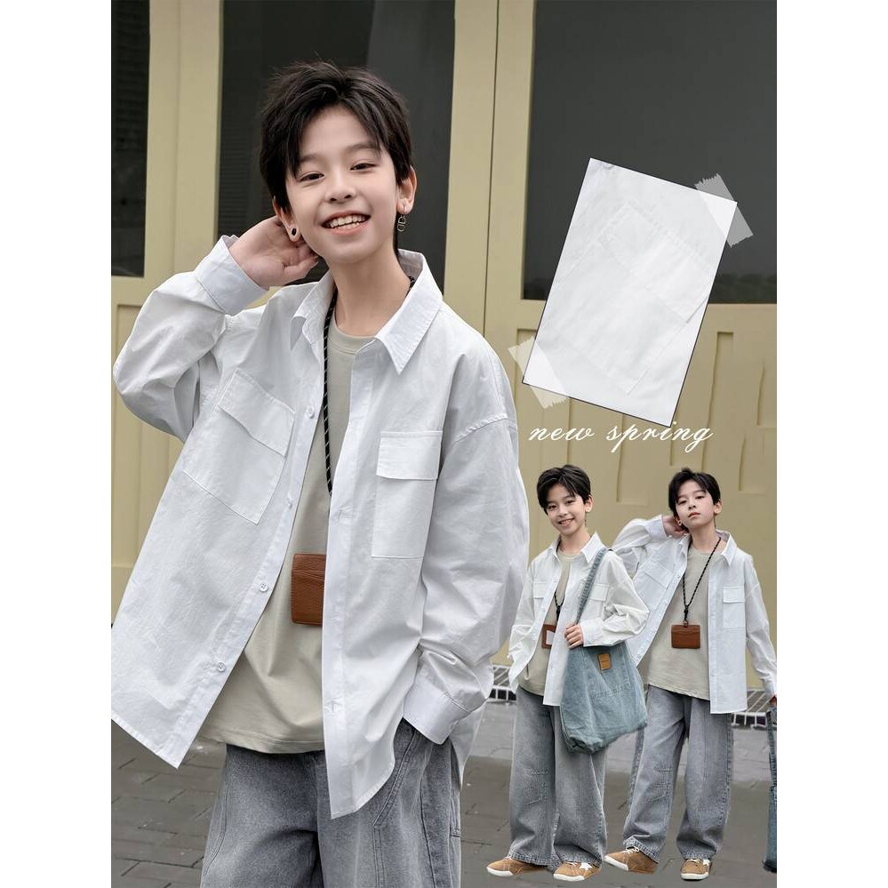 品牌专柜儿童装男童春装白色衬衫春秋款2026新款中大童长袖痞帅男