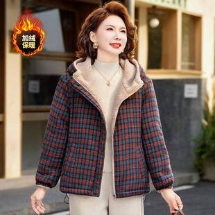 品牌专柜中年女秋冬装双面穿棉衣外套妈妈装加绒加厚保暖显瘦格子