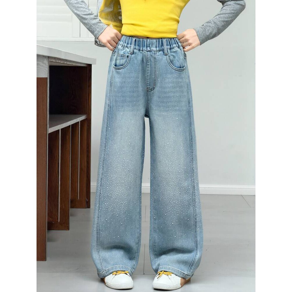 品牌专柜女童烫钻阔腿牛仔裤春秋2026新款中大童简约洋气休闲百搭