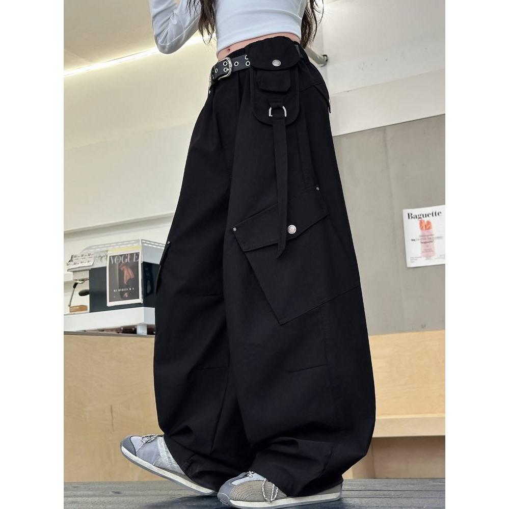品牌专柜女童工装裤美式2025新款春秋款黑色春季中大童裤子宽松阔