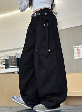 品牌专柜女童工装裤美式2025新款春秋款黑色春季中大童裤子宽松阔