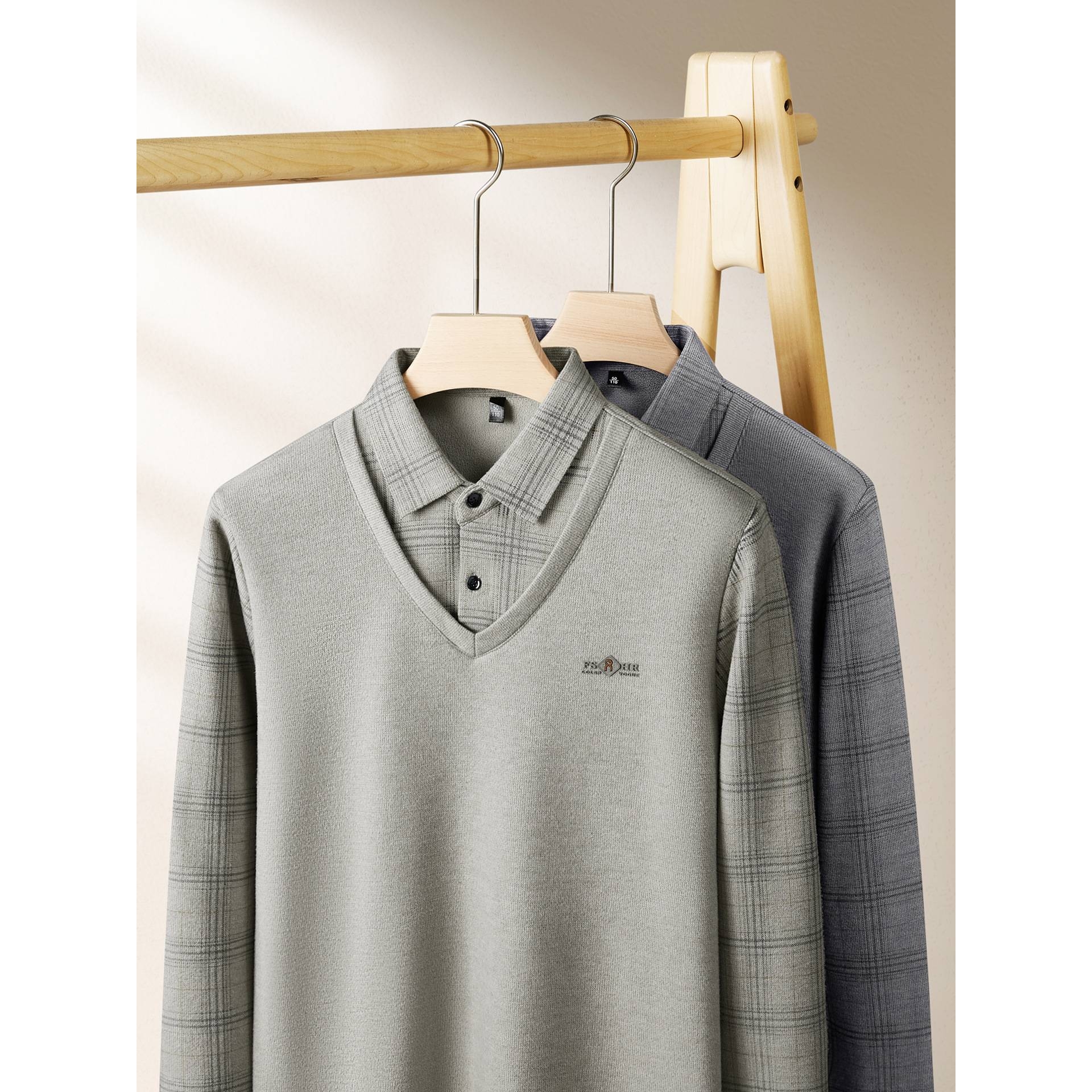 品牌专柜冬季男士翻领加绒假两件衬衫2025新款加肥加大码商务格纹