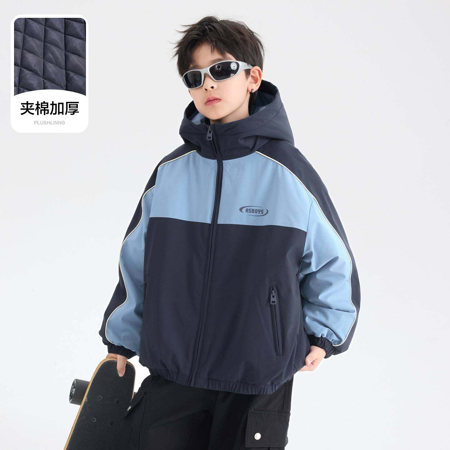 品牌专柜男童冬季撞色防水连帽冲锋衣棉服2025新款儿童夹棉加厚羽