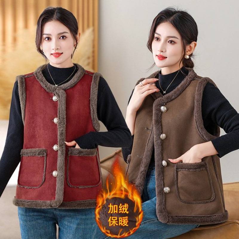 品牌专柜妈妈中年羊羔马甲加绒洋气背心新款坎肩秋冬加厚保暖皮毛