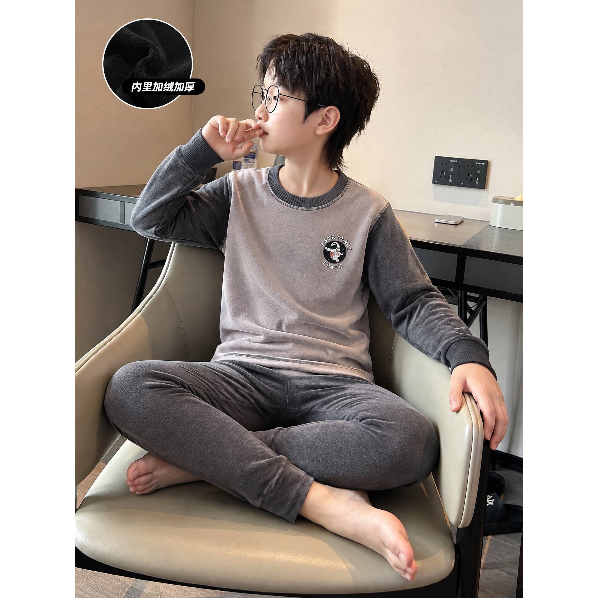 品牌专柜男童加绒加厚秋衣秋裤套装儿童保暖家居服内衣长袖睡衣秋