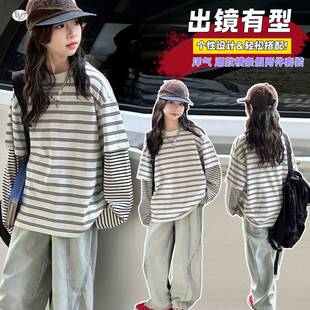 品牌专柜女童休闲套装2026年新款条纹假两件T恤弯刀裤两件套中大