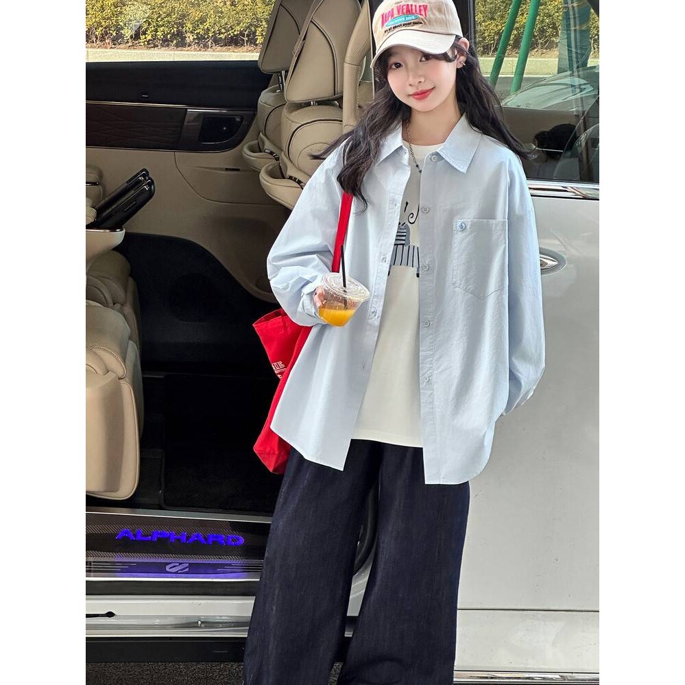 品牌专柜女童韩版衬衫春秋款长袖休闲2026新款中大童衬衣T恤两件