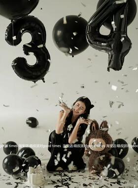 ins风黑色系40寸数字女孩周岁生日气球拍照道具派对户外场景布置