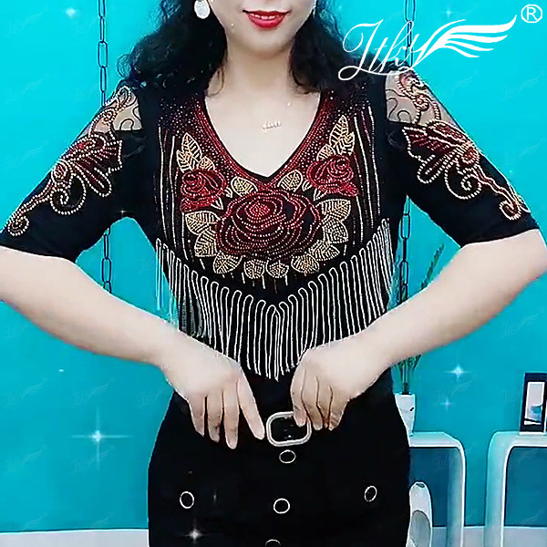 2025新款时尚亮钻T恤衫气质高端V领打底衫女宽松弹力烫钻流苏小衫