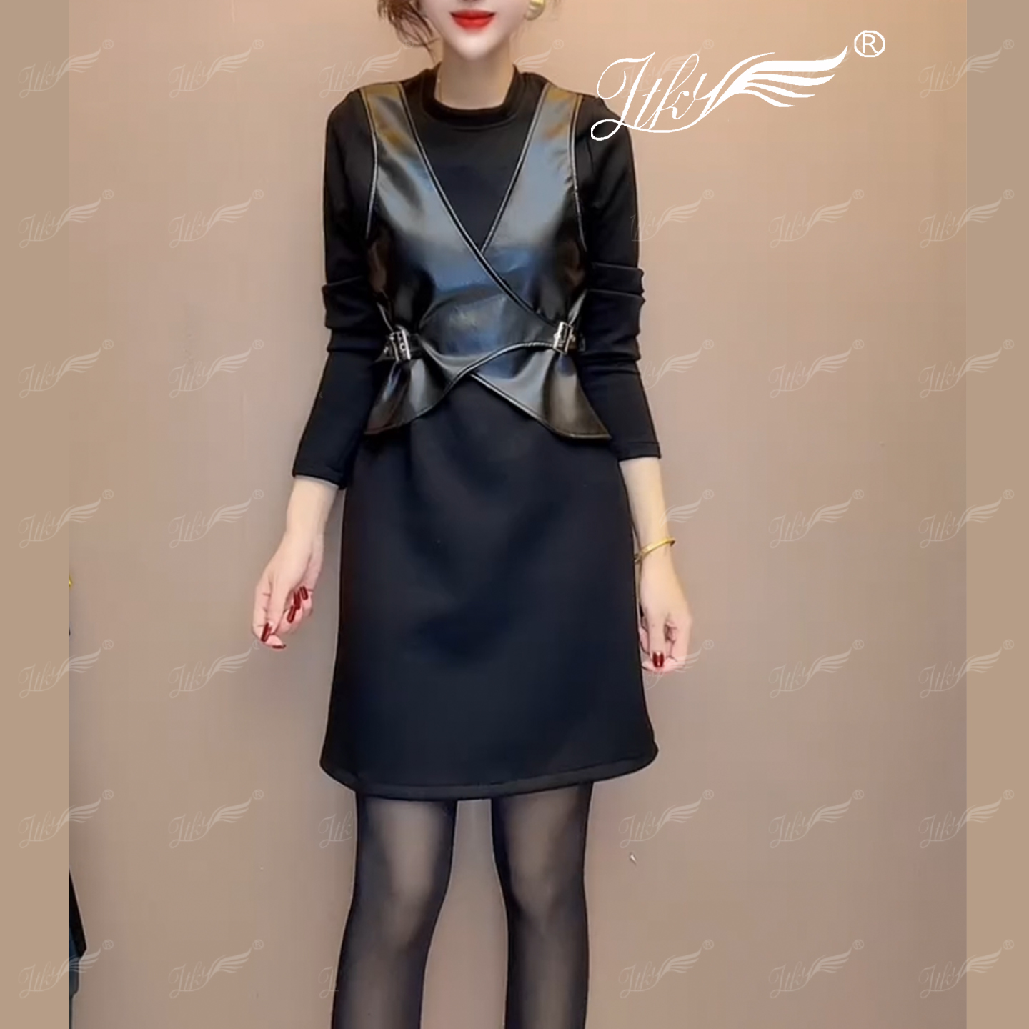 试试休闲假两件拼皮中长款连衣裙