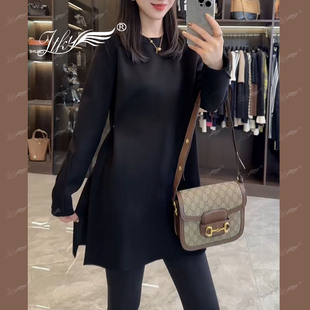 新款 T恤女2025冬季 洋气显瘦收腰纯色上衣女 不规则开叉长袖 中长款