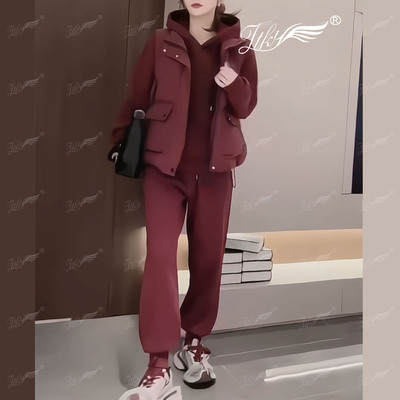 加厚马甲连帽卫衣束脚裤三件套女