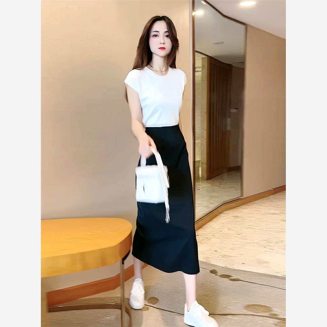 洋气炸街时尚套装女薄款无袖冰丝针织T恤女高腰半身裙子两件套