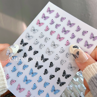 AMEENA美甲饰品 清冷蝴蝶美甲贴纸薄韧纯欲大白粉碟手绘指甲贴纸