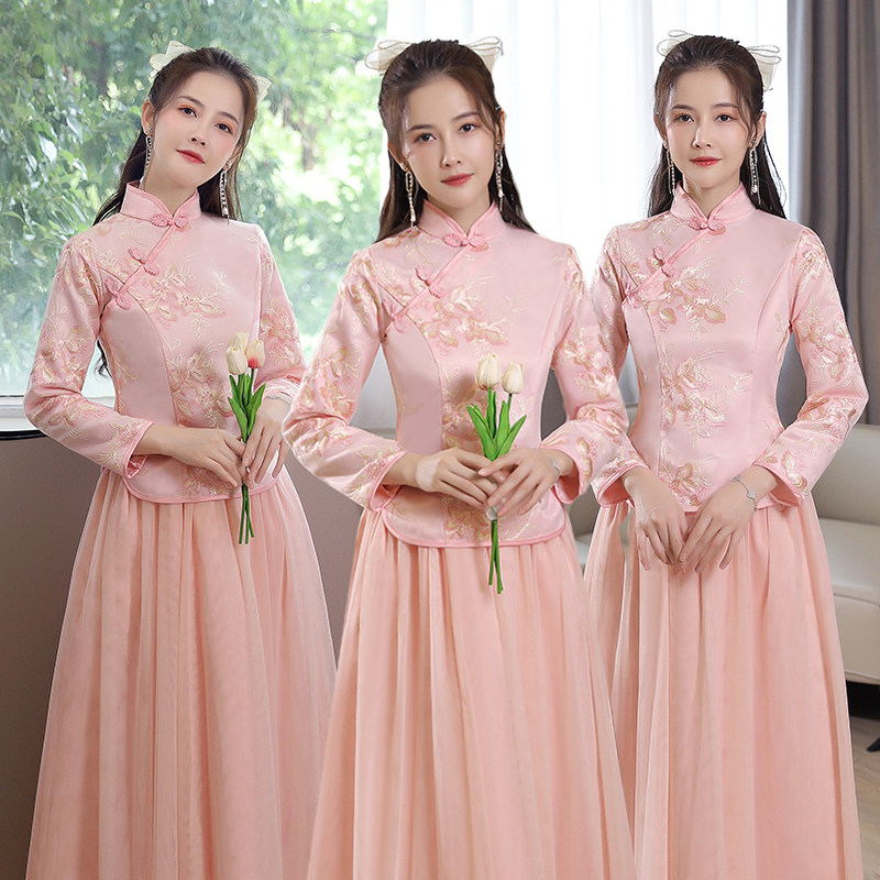 粉色中式伴娘服长款小个子表演主持宴会聚会可穿中式闺蜜姐妹裙