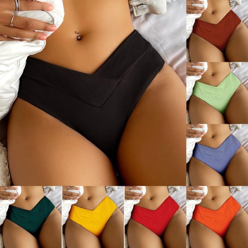 新款欧美性感抽褶比基尼泳裤女沙滩三角游泳裤黑色Bikini bottoms