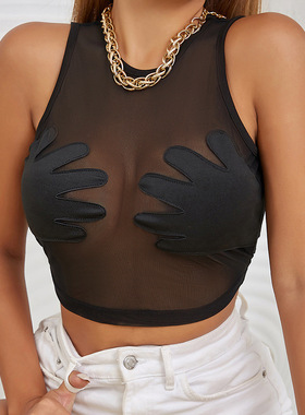 欧美风外贸女装奶系镂空网纱透视微透手印小吊带背心内搭潮牌上衣