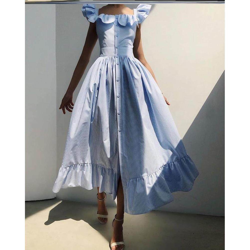 条纹荷叶边收腰连衣裙Women Striped Print Ruffles Dress