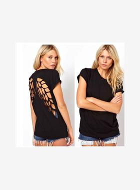 后背激光雕刻镂空天使翅膀黑色圆领短袖