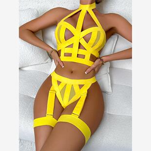 欧美外贸ins性感镂空绷带透视****文胸内衣套装 节 腿环 丹恋季