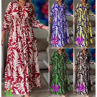 欧美女装2022秋冬新款长裙 收腰套头波西米亚印花大摆 连衣裙