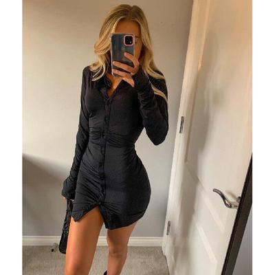 Black Shirt Dress Mini Ruched Stretch Women Casual Party