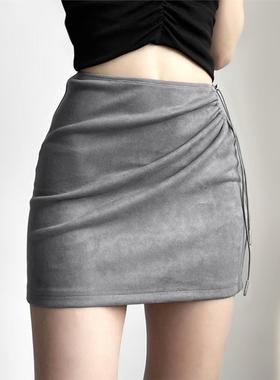 美式复古单边抽绳设计感小众显瘦包臀短裙女高腰灰色辣妹半身裙