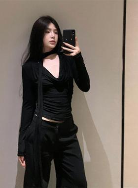 黑色荡领气质长袖t恤女辣妹新款修身显瘦小众设计感爵士jazz上衣