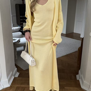 piece Knitted two 开衫 裙套装 针织吊带长裙 dress set欧美风新款