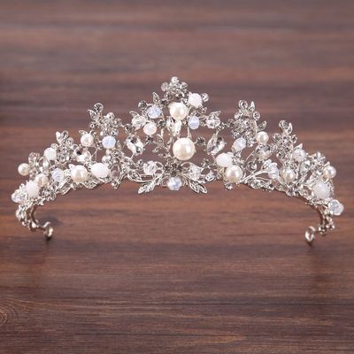 Bridal tiara silver crystal bead crown  bride princess crown