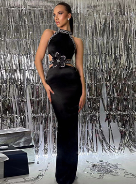 新款黑色性感镂空大气缝钻修身弹力绷带裙气质聚会洋气小礼服