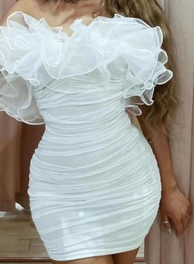 白色一字肩抹胸大花朵修身绷带连衣裙短款包臀生日宴会伴娘晚礼服