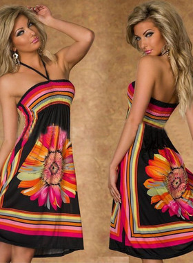 2024summer women sexy fahison print strap halter beach dress