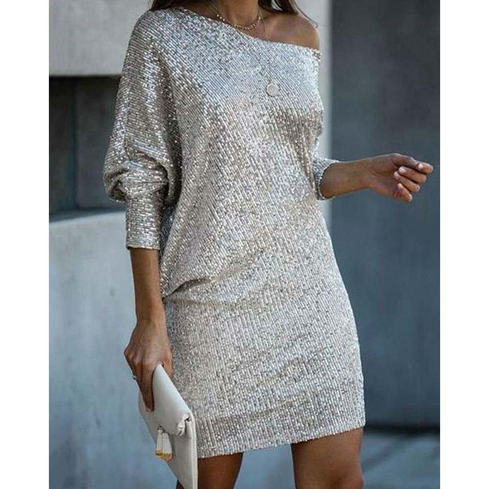 Women sexy party dress 欧美女装银色亮片蝙蝠袖露肩洋装