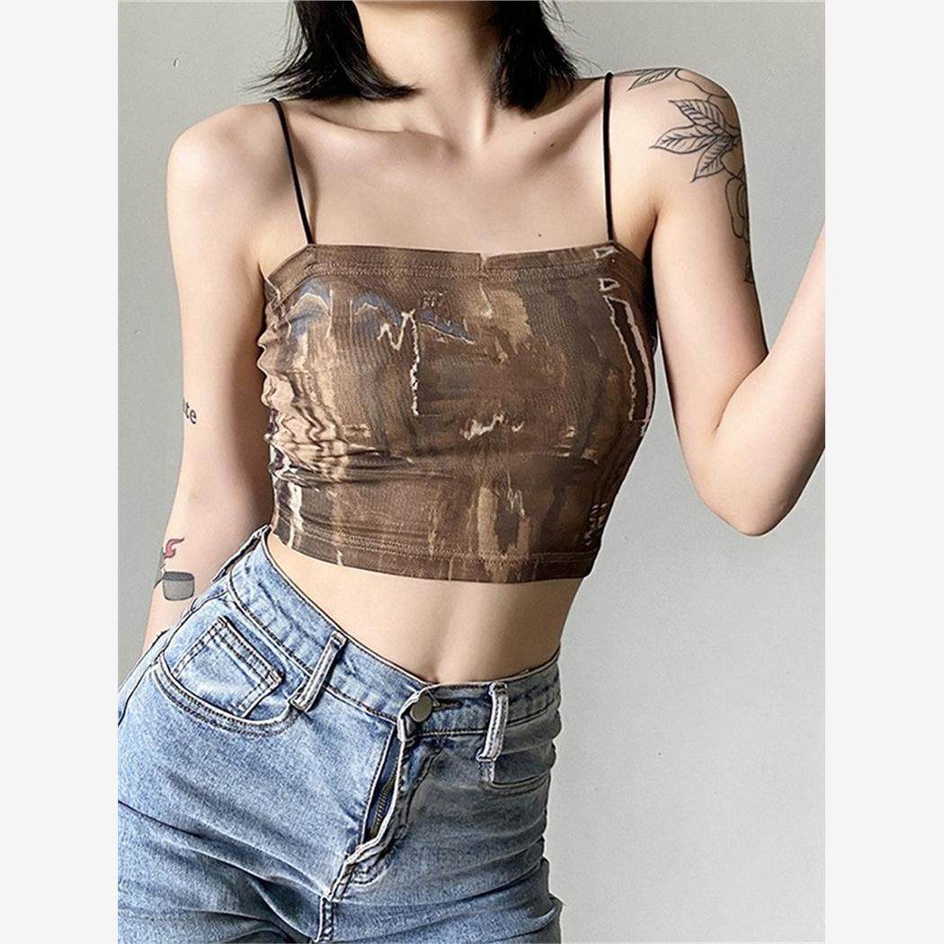 甜辣小吊带背心女夏外穿内搭欧美复古印花短款露脐辣妹削肩上衣