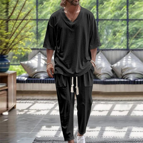 Men's V-neck pullover short sleeved ankle long pants set男装