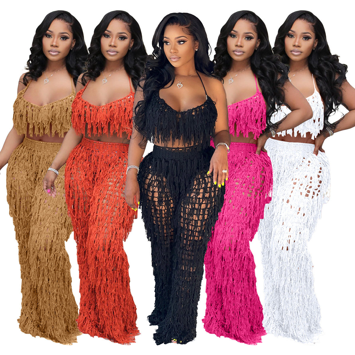 Women's pit sexy perspective knitted hand hook tassel beach