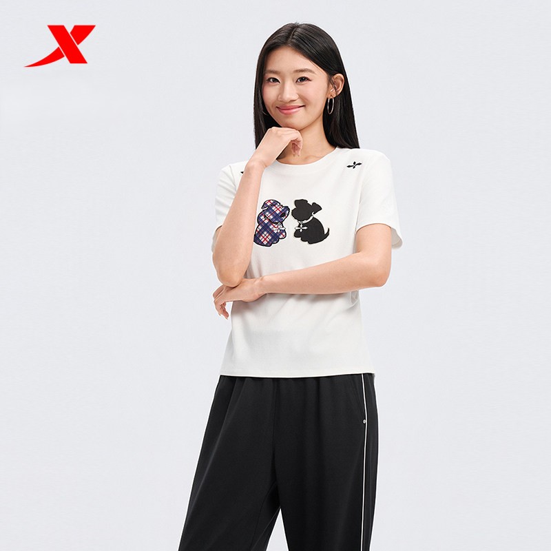 特步圆领T恤女2026年夏季动物图案休闲短袖运动服女974228010381