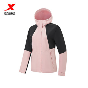 特步女款外套冲锋衣加绒2025秋梭织连帽保暖双层风衣女士三防夹克