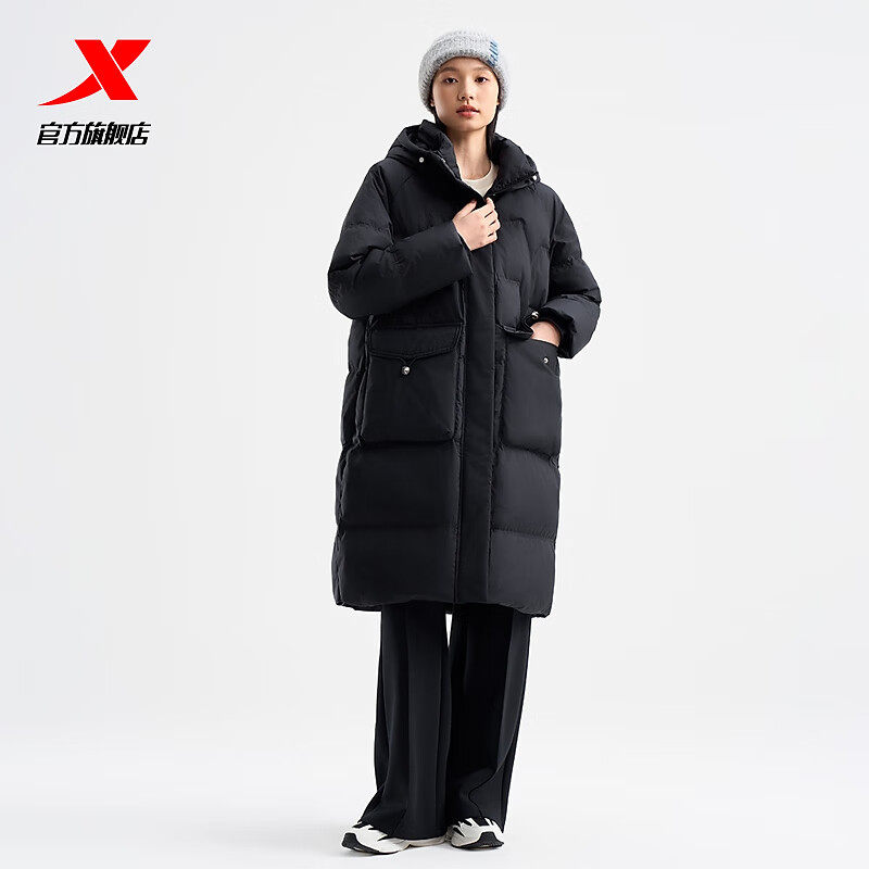 特步中长款羽绒服女2024冬