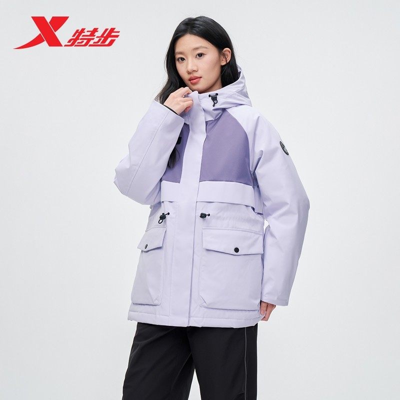 特步三防中长款羽绒服女2025冬季新款连帽外套女士工装加厚保暖