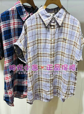 ELAND依恋正品26夏连肩袖卷边麻质格纹衬衫EEYCG24E01 YCG24E01